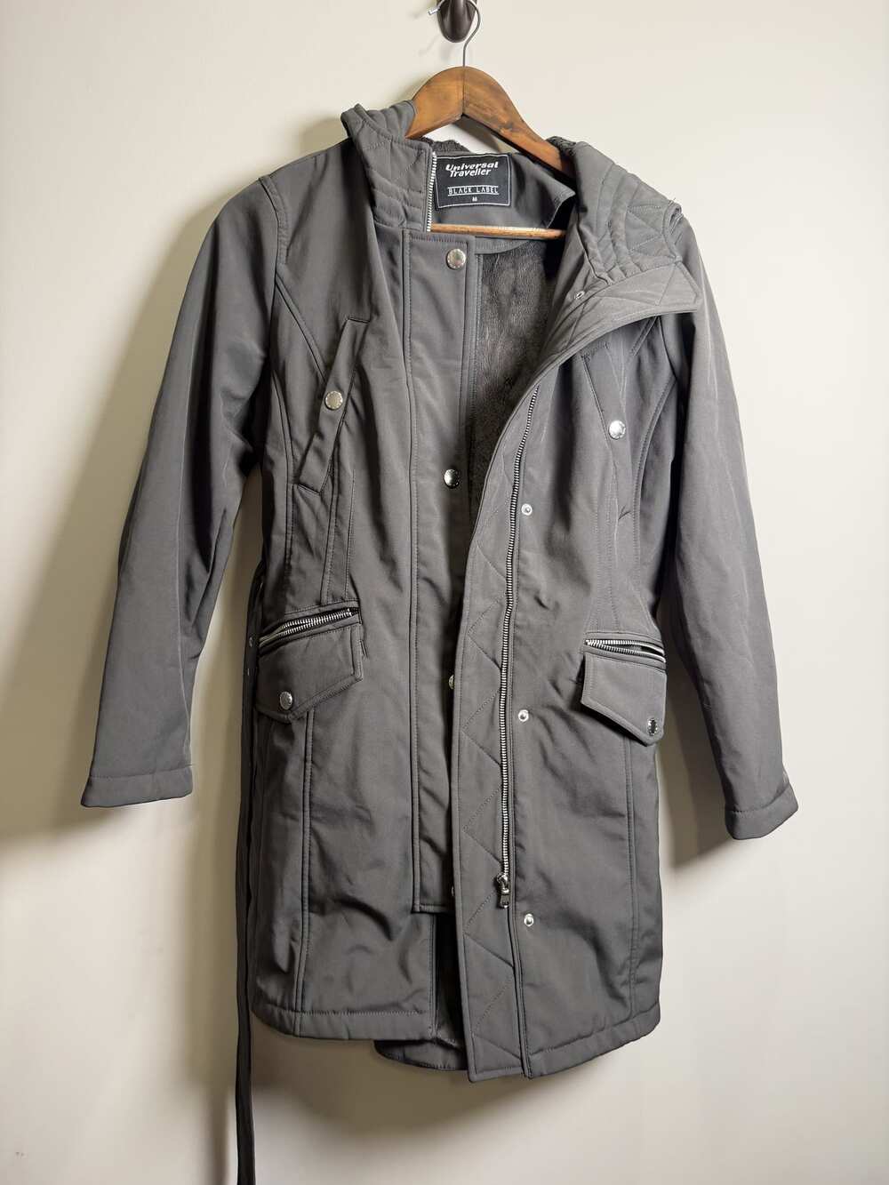Universal Traveller Black Label Gray Hooded Faux-Fur-Lined Long Coat, Size M